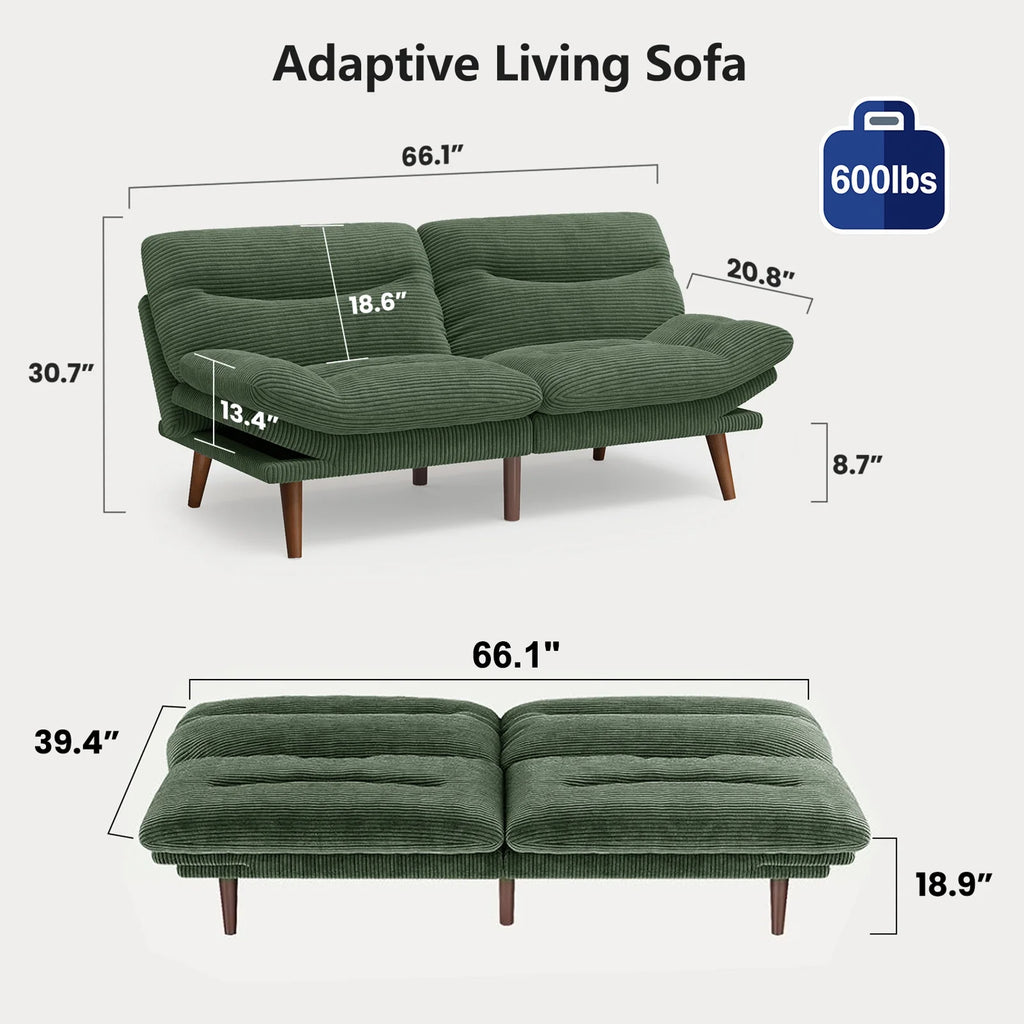 CHITOOMA 66" Futon Sofa Bed with Adjustable Backrest and 6-Level Armrests, Grey Corduroy Convertible Futon Couch, Comfy Loveseat for Small Spaces, Apartment or Office