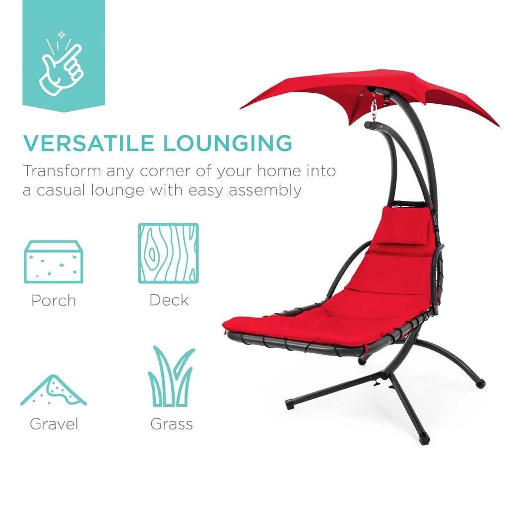 Best Choice Products Hanging Curved Chaise Lounge Chair Swing for Backyard, Patio w/ Pillow, Shade, Stand - Teal
