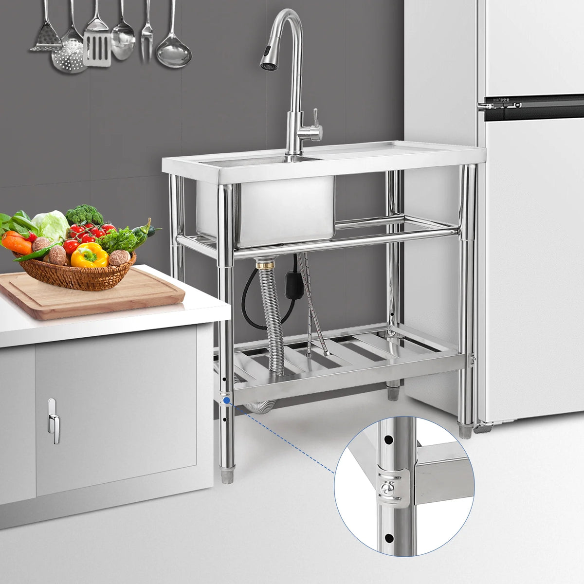 WPOND 30" Freestanding Utility Sink with Hot and Cold Faucet, Stainless Steel Sink with Workbench, Commercial Kitchen Single Bowl Sink for Garage, Restaurant, Kitchen, Laundry, NSF Certified