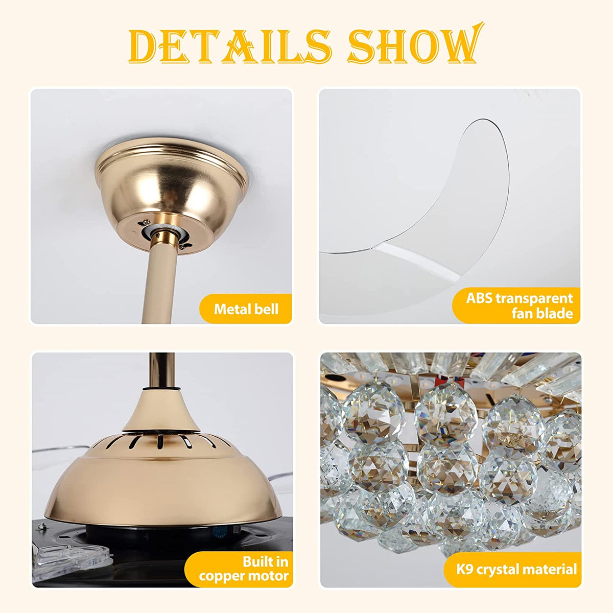 Datingday 42 Inch Crystal Ceiling Fan Golden Crystal Ceiling Fan Chandelier with Remote 6 Speeds 3 Colors Changes Lighting Fixture, 4 Blades Retractable Fans for Bedroom Living Room Dining Room