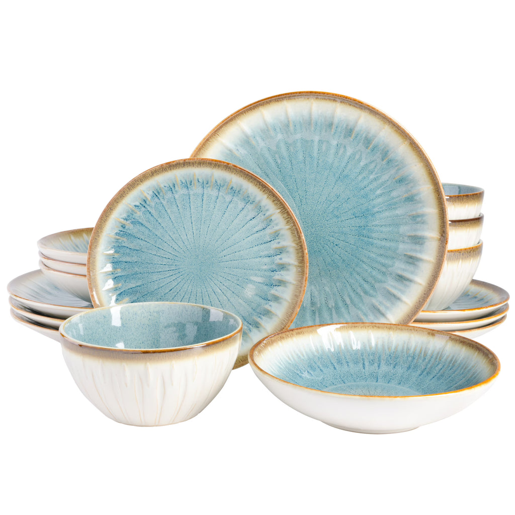 Gibson Elite Mayfair Bay 16 Piece Double Bowl Embossed Reactive Dinnerware a?? Blue
