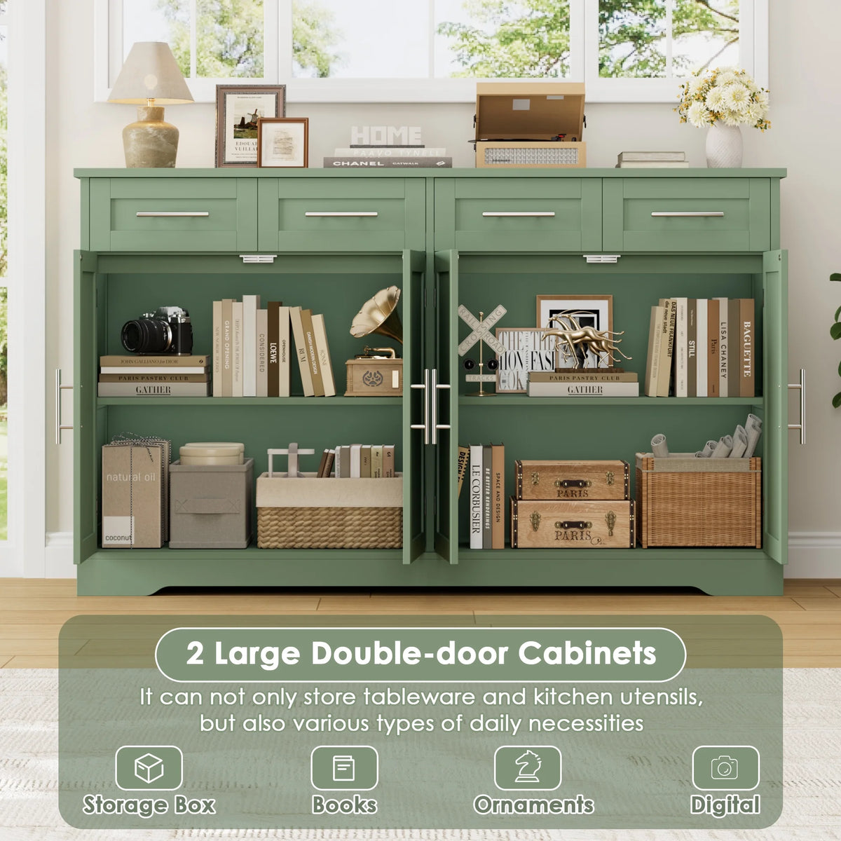 Homfa Farmhouse Buffet Cabinet with 4 Drawers and 4 Doors, 59" W Sideboard Buffet Storage Cabinet with Shelves, for Kitchen Living Room Bedroom, Wash Gray