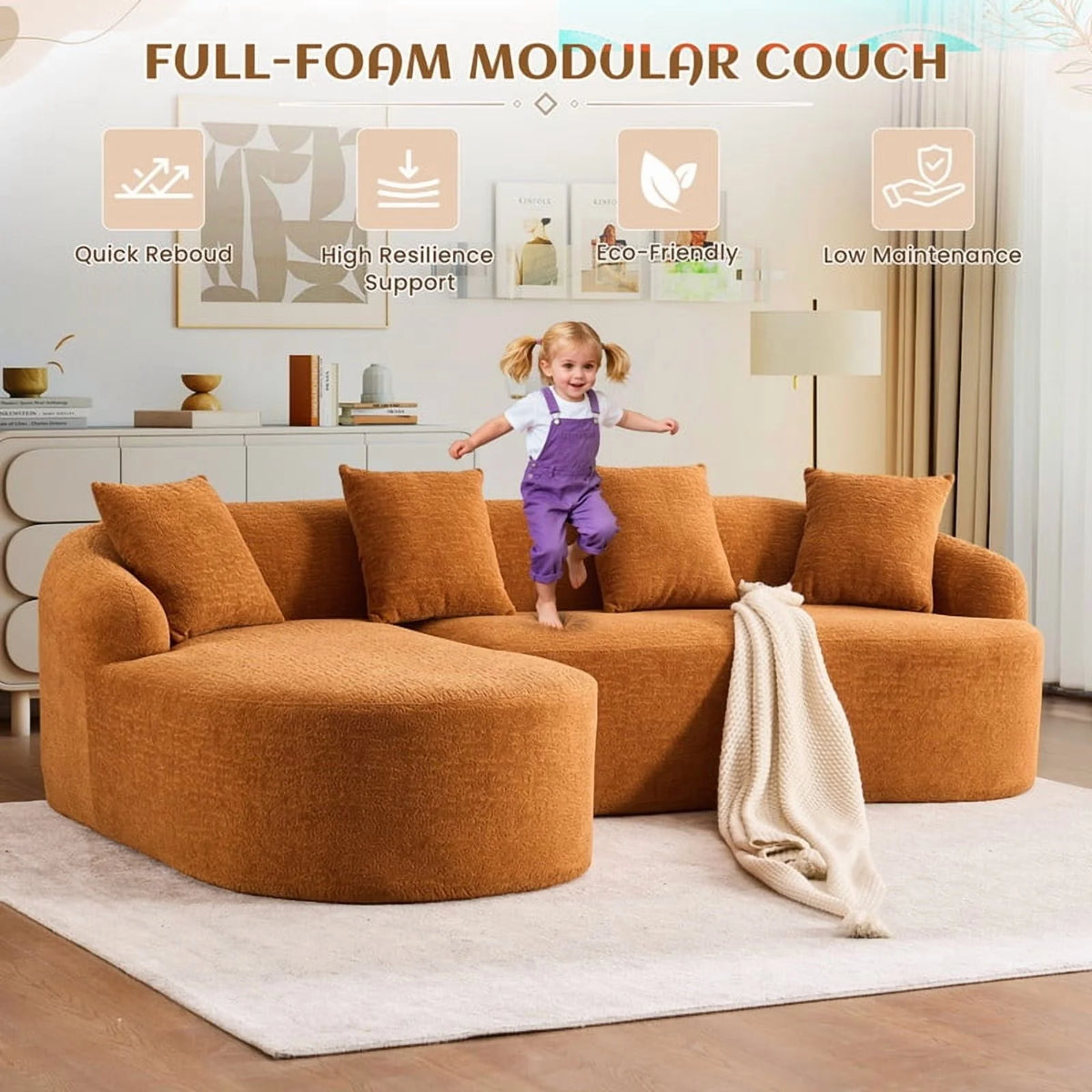 Timbernest 99" Modular Sectional Sofa with Pillows, Chenille L Shaped 3-Seater Couch with Deep Seat, White