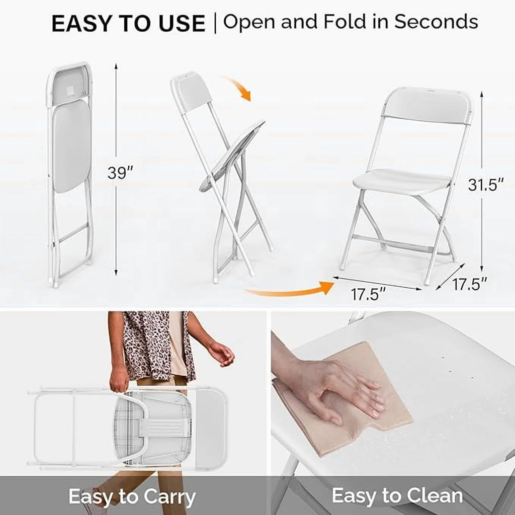 Matladin 20-Pack White Plastic Folding Chair, Outdoor Portable Stackable Commercial Seat with Steel Frame for All Occasions, 350lb Capacity