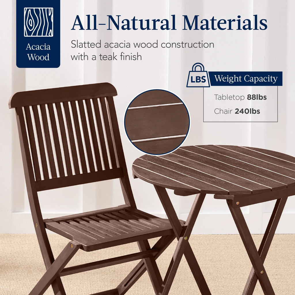 Best Choice Products 3-Piece Acacia Wood Bistro Set, Folding Patio Furniture w/ 2 Chairs, Table - Natural