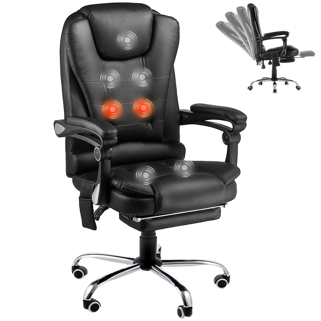 YODOLLA Ergonomic Office Chair with Heated 7 Points Massage Retractable Footrest, High Back Swivel Leather Chair Big and Tall Heated Reclining Office Chair, Black