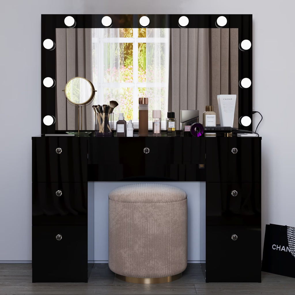 Ember Interiors Ibbie White Makeup Vanity with Glass Top, Lights, Charging Station