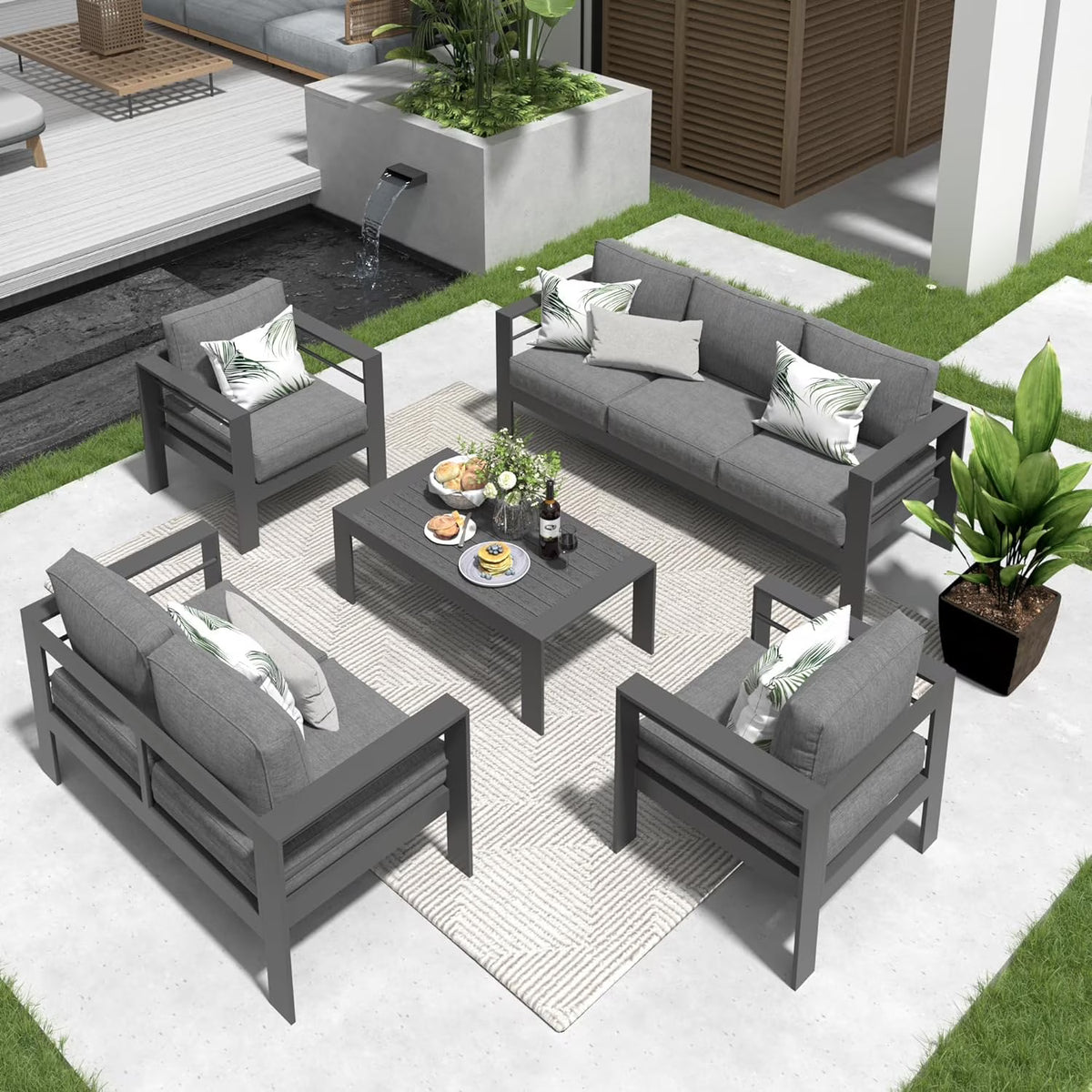 CozyHom 5 Pcs Outdoor Patio Aluminum Furniture Sofa Sets, Outside Patio Conversation Couch Sets With Table&Cushions for Garden Porch, Gray