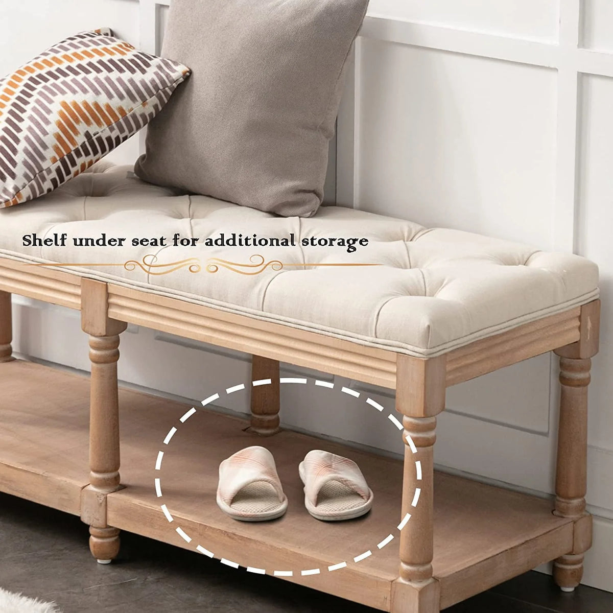 Bonzy Home Upholstered Tufted Storage Bench, 47”French Vintage Entryway Bench & Dining Bench, Fabric End of Bed Bench for Bedroom Living Room Hallway, Beige