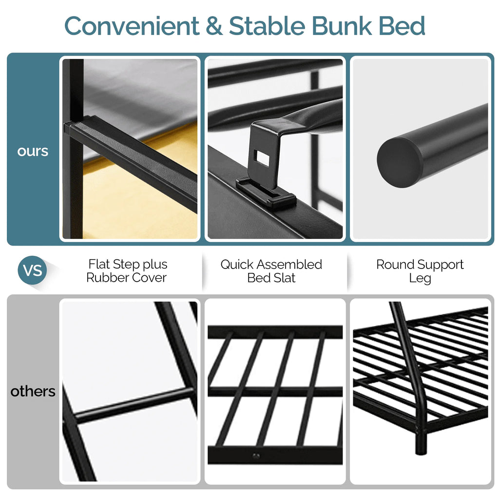 VINGLI Metal Bunk Bed Twin Over Twin with Flat Ladder and High Guardrail, Double Twin Bunk Beds for Kids/Teens/Adults, Bunk Bed with Stairs,Black