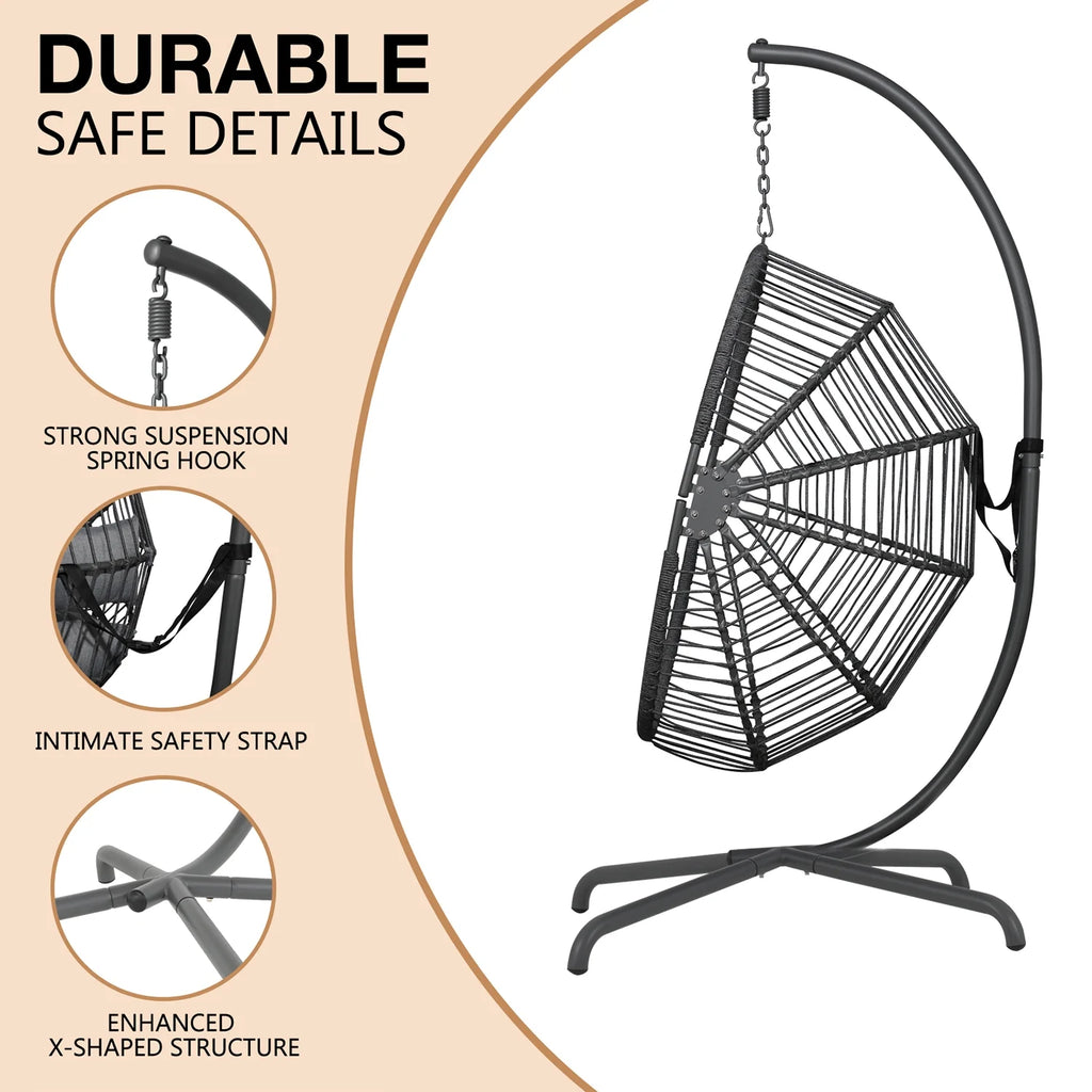 Indoor Outdoor Swing Egg Chair with Stand, Patio Foldable Grey Wicker Rattan Hanging Chair with Cushion, Light Gray