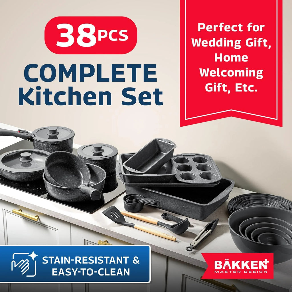 Bakken Master 38 Piece Granite Cookware and Bakeware Set �C Nonstick Granite Coating, Pots and Pans with Detachable Handles and Tempered Glass Lids, 6-piece Bakeware set, 12-piece Mixing Bowls,Brown