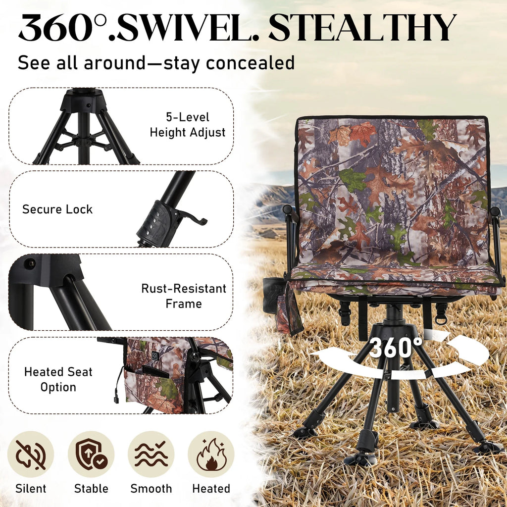 Danrelax 360�� Silent Camo Hunting Blind Chair, Armrests, Side Pouch, Telescopic Legs