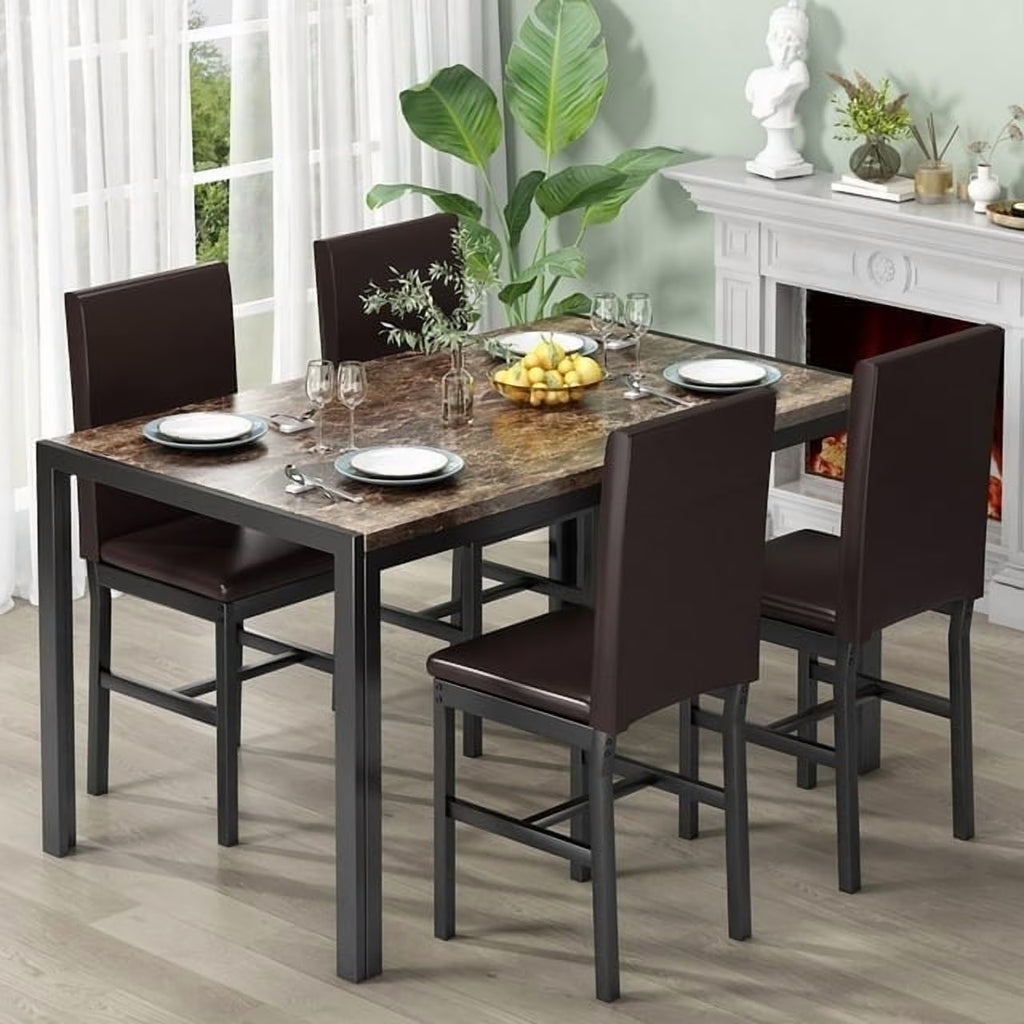 AWQM Dining Table Set of 4, Faux Marble 5 Piece Dining Room Table Set with PU Leather Chairs, Rectangular Kitchen Table Set for Apartment, Dining, White