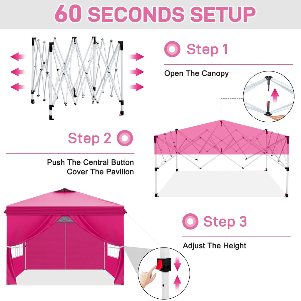 Ktaxon 10x10 Ez Pop Up Canopy Tent,Outdoor Sun Shade Shelter,Outdoor Gazebo,One Push Setup with Sidewalls,1 Roller Bag,4 Sandbags,UPF50+ - Pink