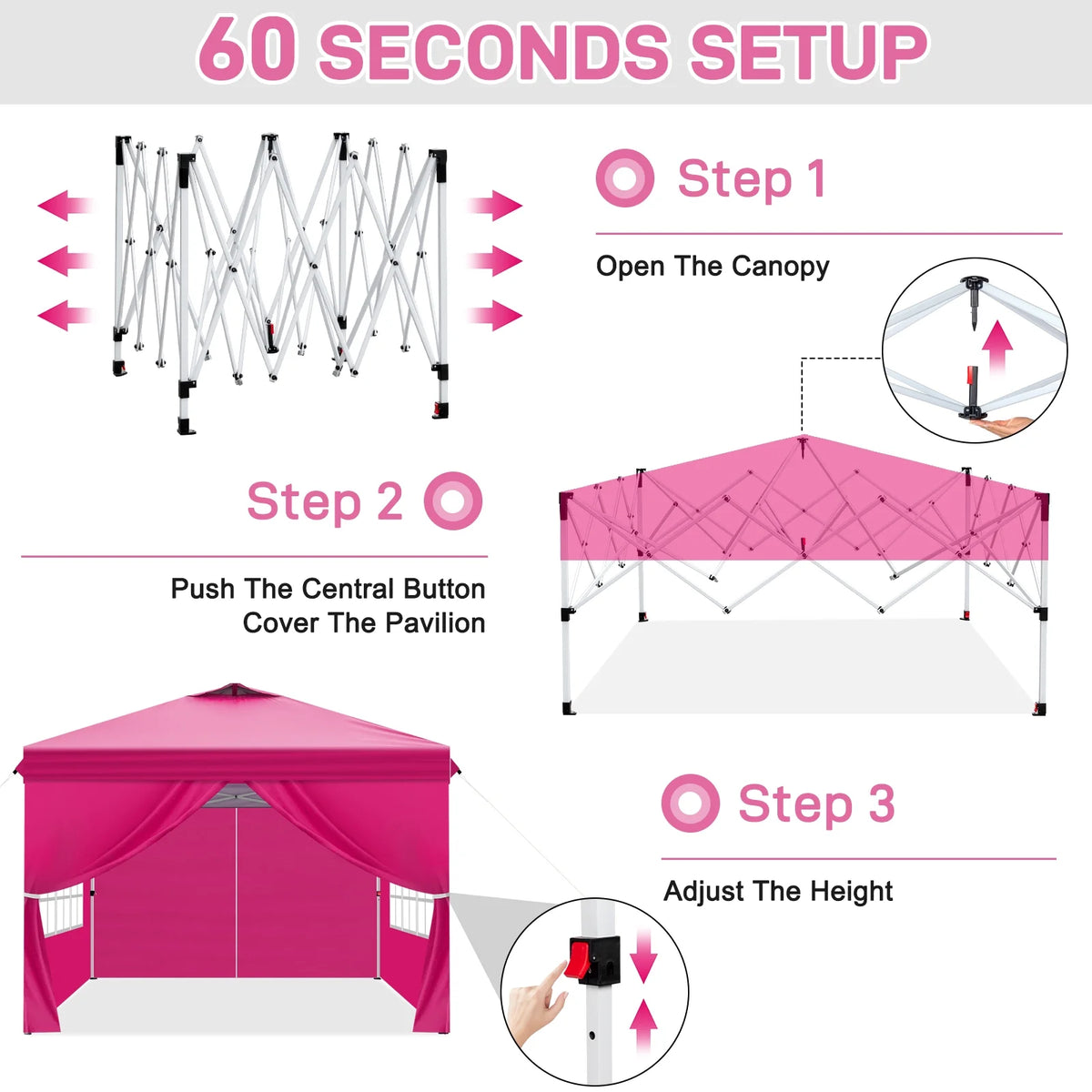 Ktaxon 10x10 Ez Pop Up Canopy Tent,Outdoor Sun Shade Shelter,Outdoor Gazebo,One Push Setup with Sidewalls,1 Roller Bag,4 Sandbags,UPF50+ - Pink