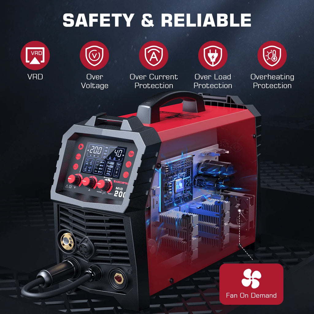 ARCCAPTAIN 6 in 1 MIG Welder Machine, 200A Gas Welders w/ Flux Core MIG/Stick/Lift TIG/Spot Welding/Spool Gun Function