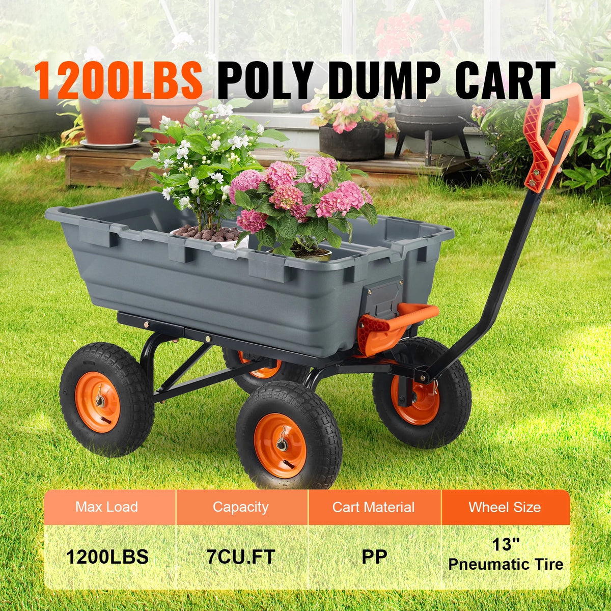 KFFKFF Garden Dump Cart, 35.8x19.5x8.2 in Dump Truck Cart, Max. 600lbs Load Capacity, 10in Rubber Tire, 180�� Adjustable Handle
