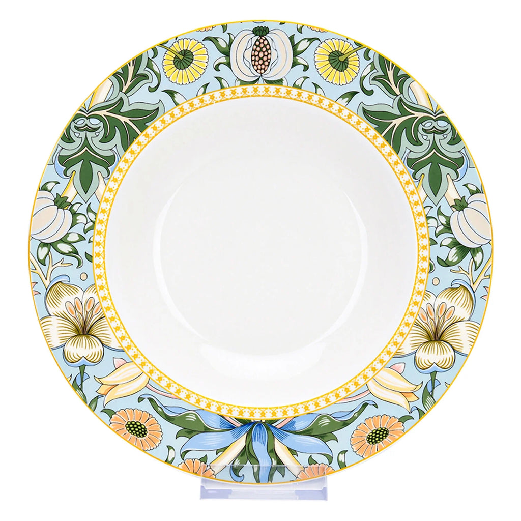 STP GOODS Melodie de Fleurs Bone China Dinnerware Set of 24 Service for 6 24-Piece Dish Set of Plates and Bowls, Blue Gold White