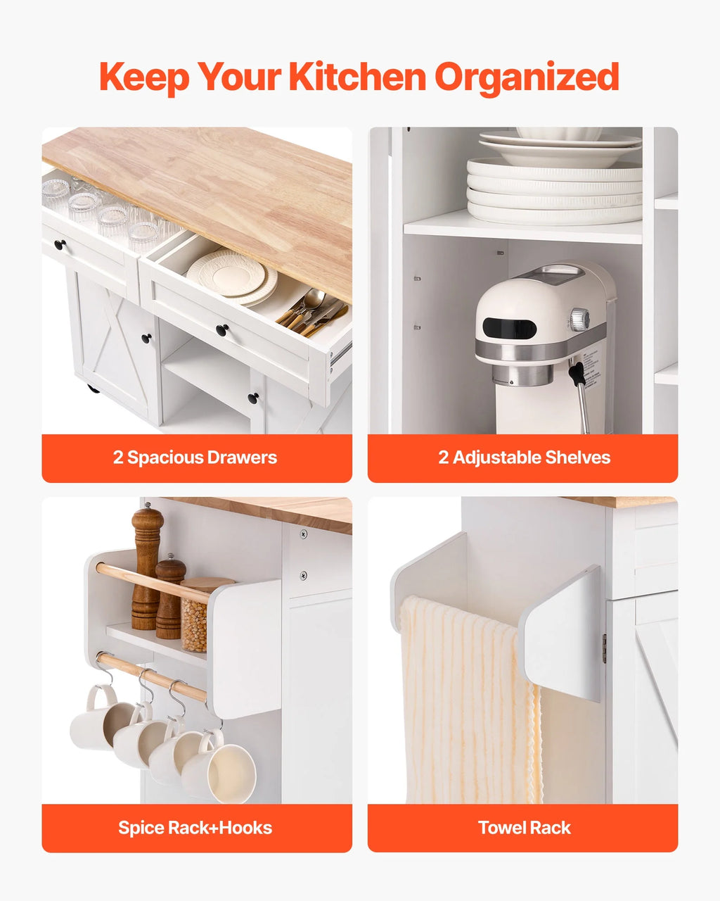 VEVOR Kitchen Island Cart, with Solid Wood Top and Storage Cabinet, Mobile Rolling Table with Drop Leaf,Drawers, Spice Towel Rack,Portable Islands on Swivel Wheels for Dining Room,52in Width,White