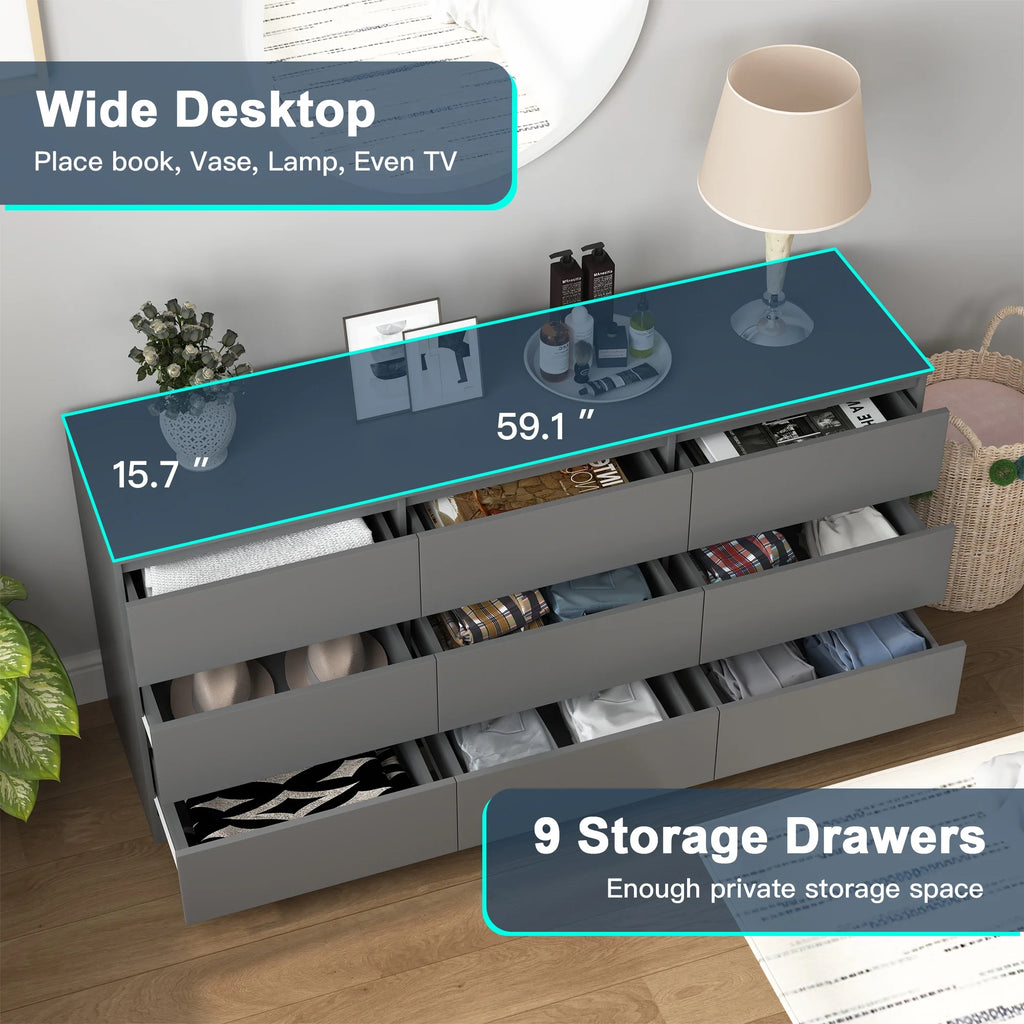 Resenkos Modern Mid Century 6 Drawer Wide Dressers Chests for Bedroom, Chest of Drawer Organizer Grey