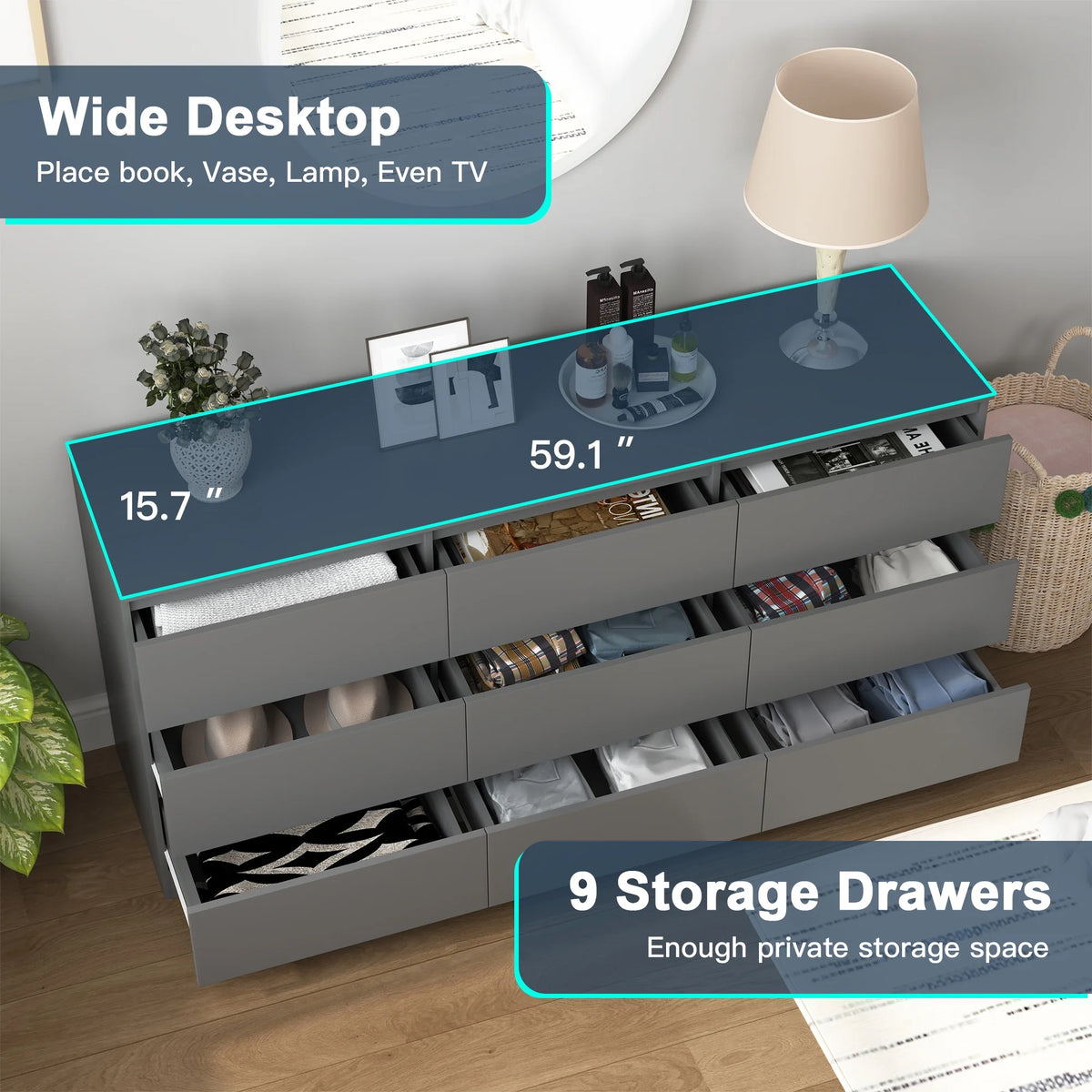 Resenkos Modern Mid Century 6 Drawer Wide Dressers Chests for Bedroom, Chest of Drawer Organizer Grey