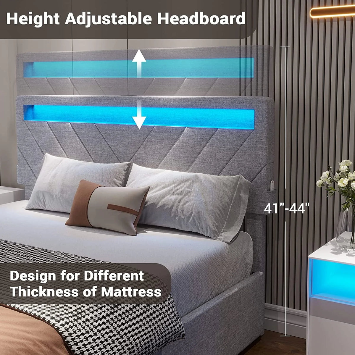 ADORNEVE Queen Size LED Bed Frame with Drawers, Upholstered Platform Bed with 2 USB Charging Station, No Box Spring Needed, Light Grey