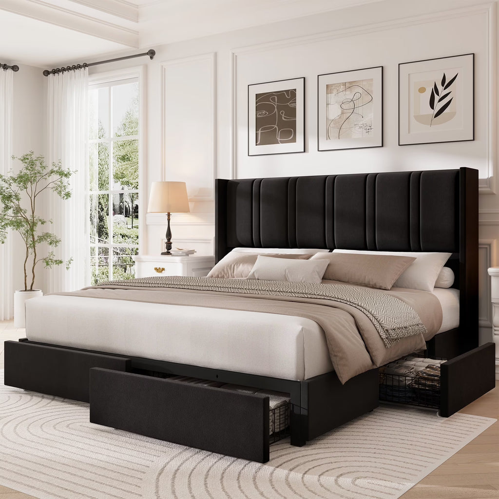 LARMACE King Size Upholstered Bed Frame with 4 Storage Drawers and Vertical Channel Tufted Headboard Linen Platform Bed Frame Wingback Beds with Wooden Slats Support, Beige