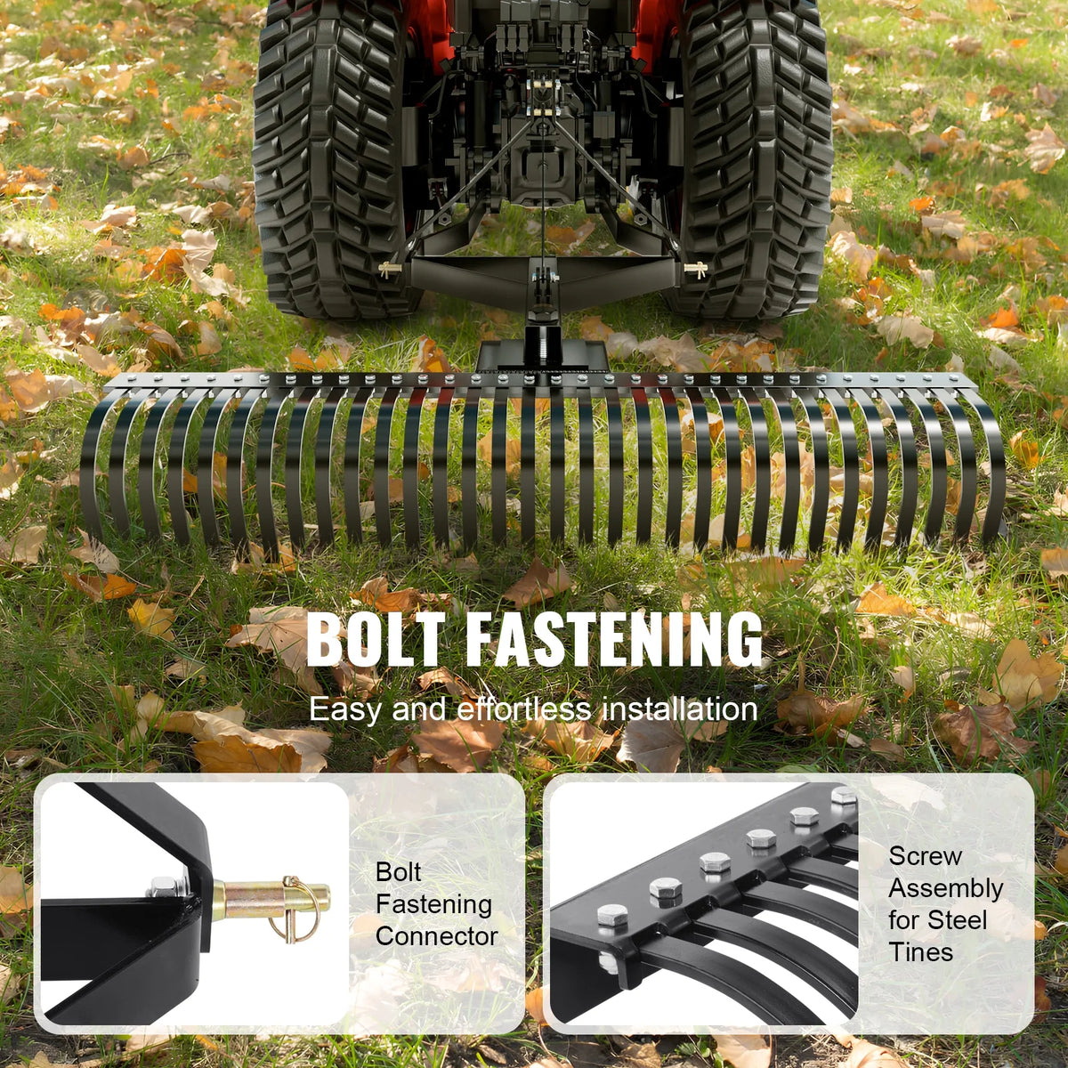 KFFKFF 3-Point Landscape Rake, 60" Pull-Behind Thatch Remover with 32 Steel Tines, Tractor-Compatible 3-Point Hitch Garden Rake with Attachments