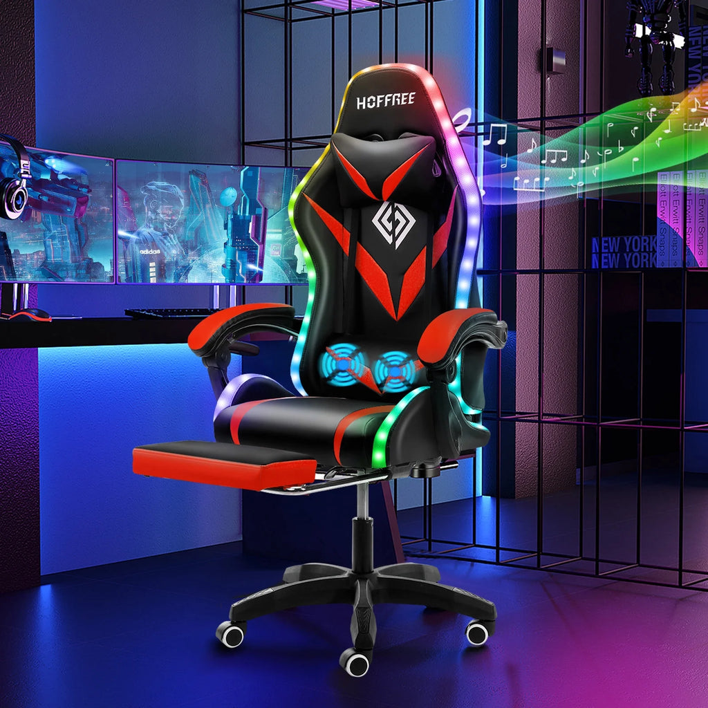 Hoffree Gaming Chair with Speakers PU Leather Office Chair with Footrest and LED Lights Ergonomic Gamer Chair with Massage Lumbar Support and Headrest Adjustable Swivel for Home Office 300lb