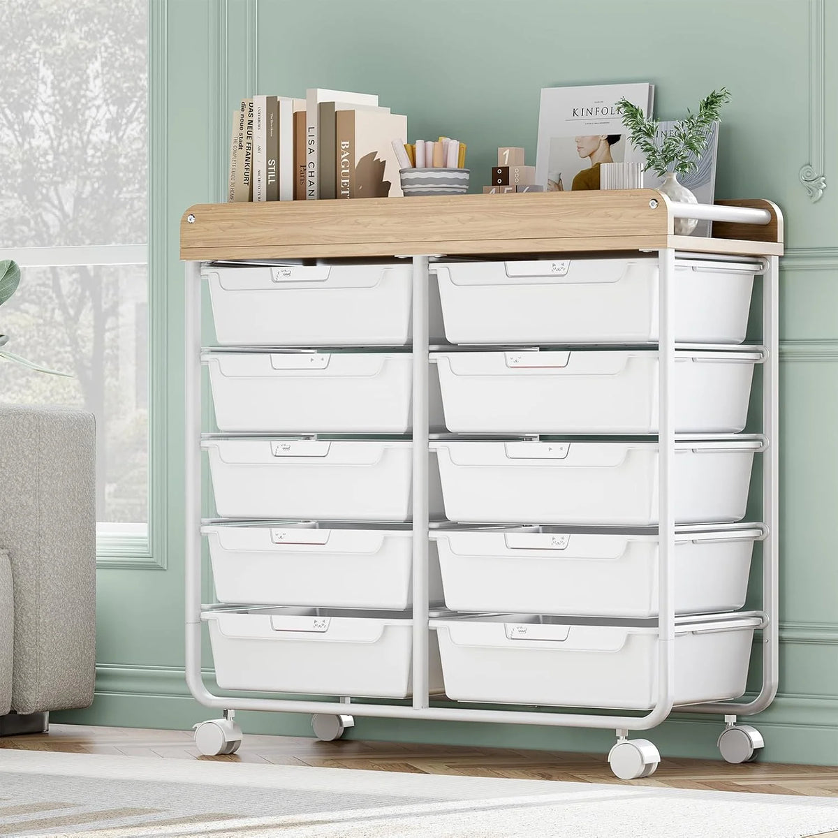 Rolling Storage Cart with 10 Large Drawers, Utility Cart with Wooden TableTop for Craft Organizers, Art Supply Storage, Home Office Organization, Cart with Wheels for Classroom, School, Green