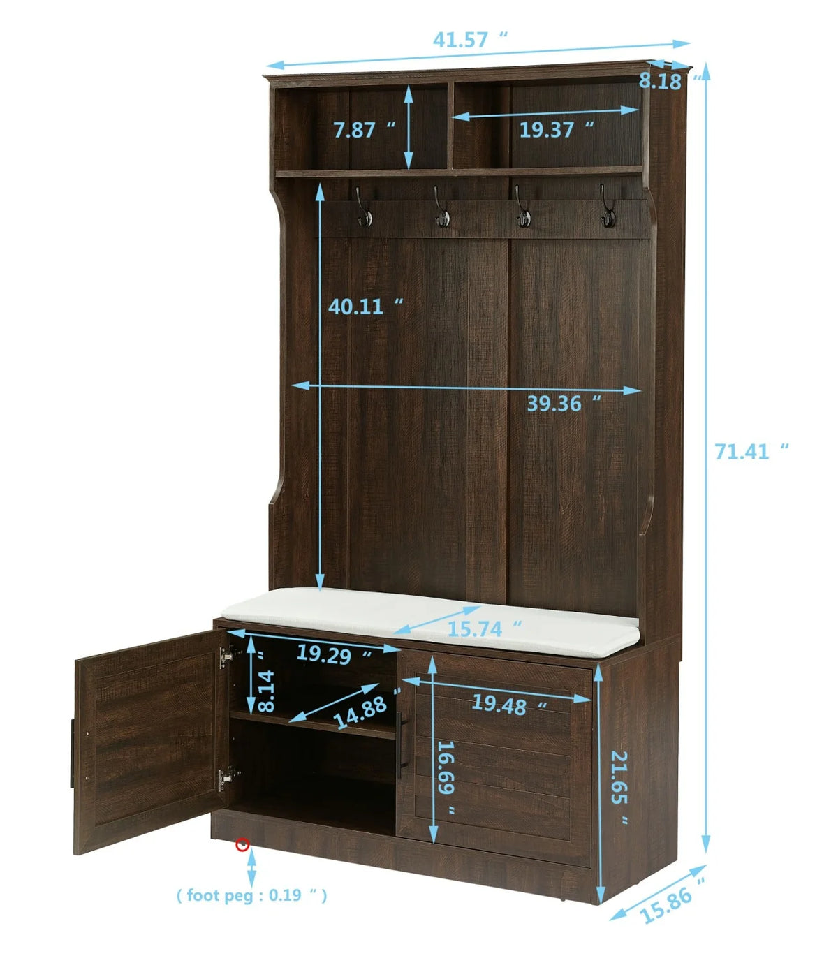 Entryway Hall Tree with Storage Bench, Wooden Coat Rack with Sponge Pad and 4 Dual Hooks, Storage Shelf Organizer with 2-Door Cabinet for Entryway, Bedroom, Easy to Assemble