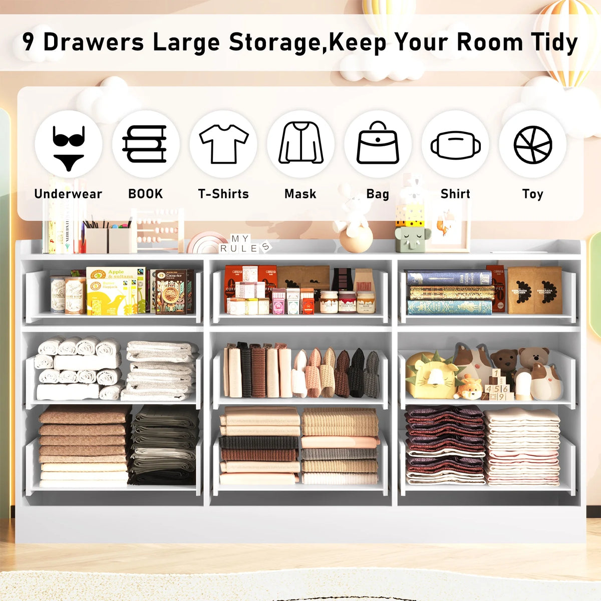 9 Drawer Dresser for Bedroom with Power Outlet, 63" Large Dresser with LED Light, Wooden Dresser For Closet, Chest of Drawers with Raised Edges