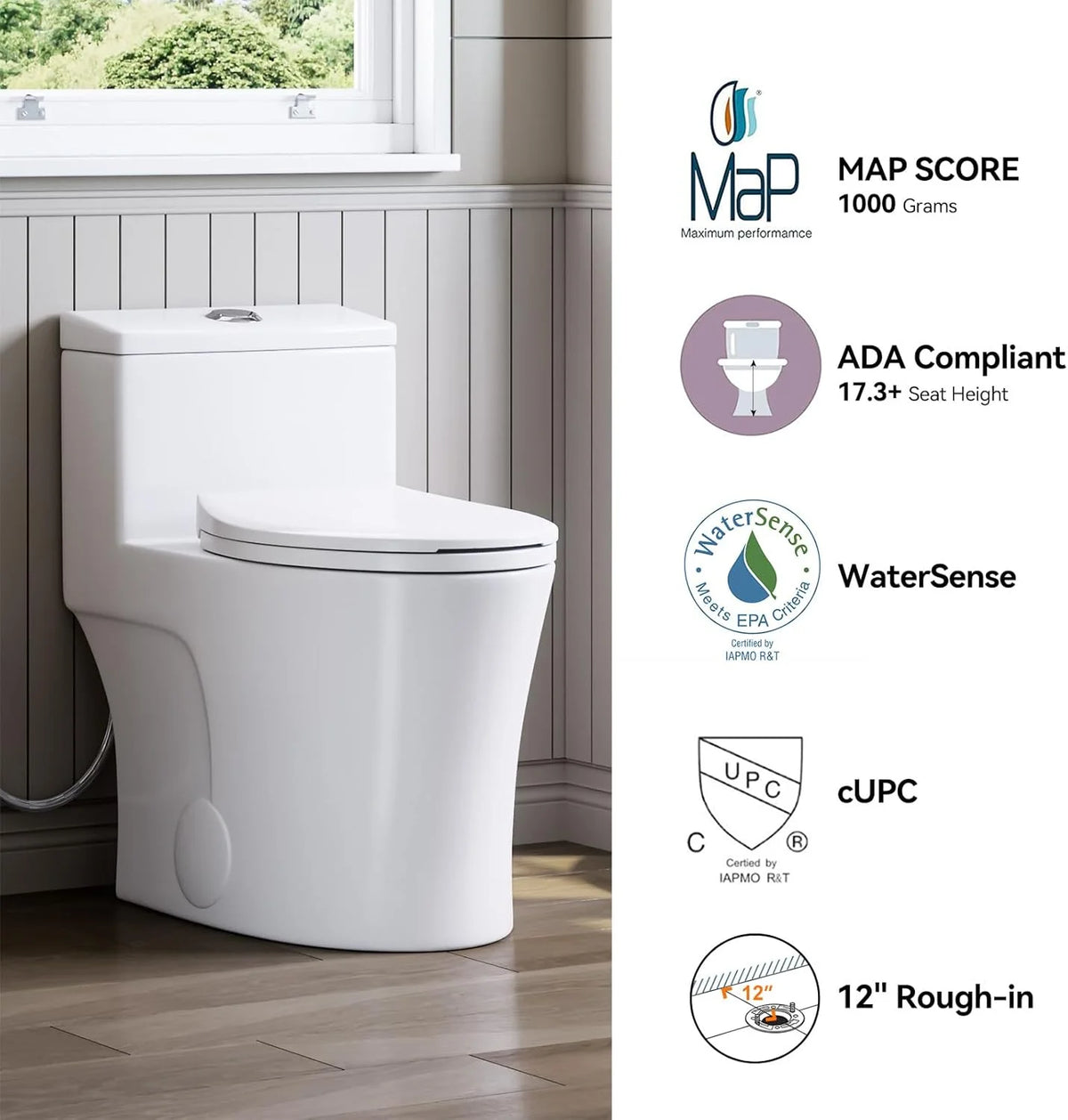 HOROW Compact One Piece Toilet with Comfort Seat ADA Height 17.3" Elongated Dual Flush 0.8/1.28 GPF