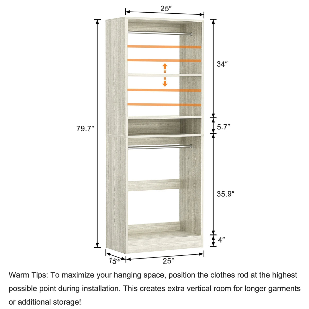 Homieasy 25�?Closet System, Freestanding Closet Organizer Wardrobe with Hanging Rods and Shelves, Adjustable Clothes Garment Rack, Sturdy Walk in Closet Tower, White