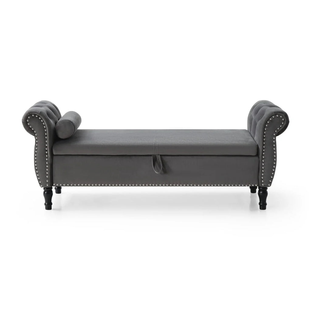 JINS&VICO 63'' Velvet Storage Ottoman Bench, Upholstered Tufted Sofa Stool with Rolled Armrest and Nailhead Trim, Rectangular Chaise Lounge with 1 Pillow for Living Room Bedroom, Gray
