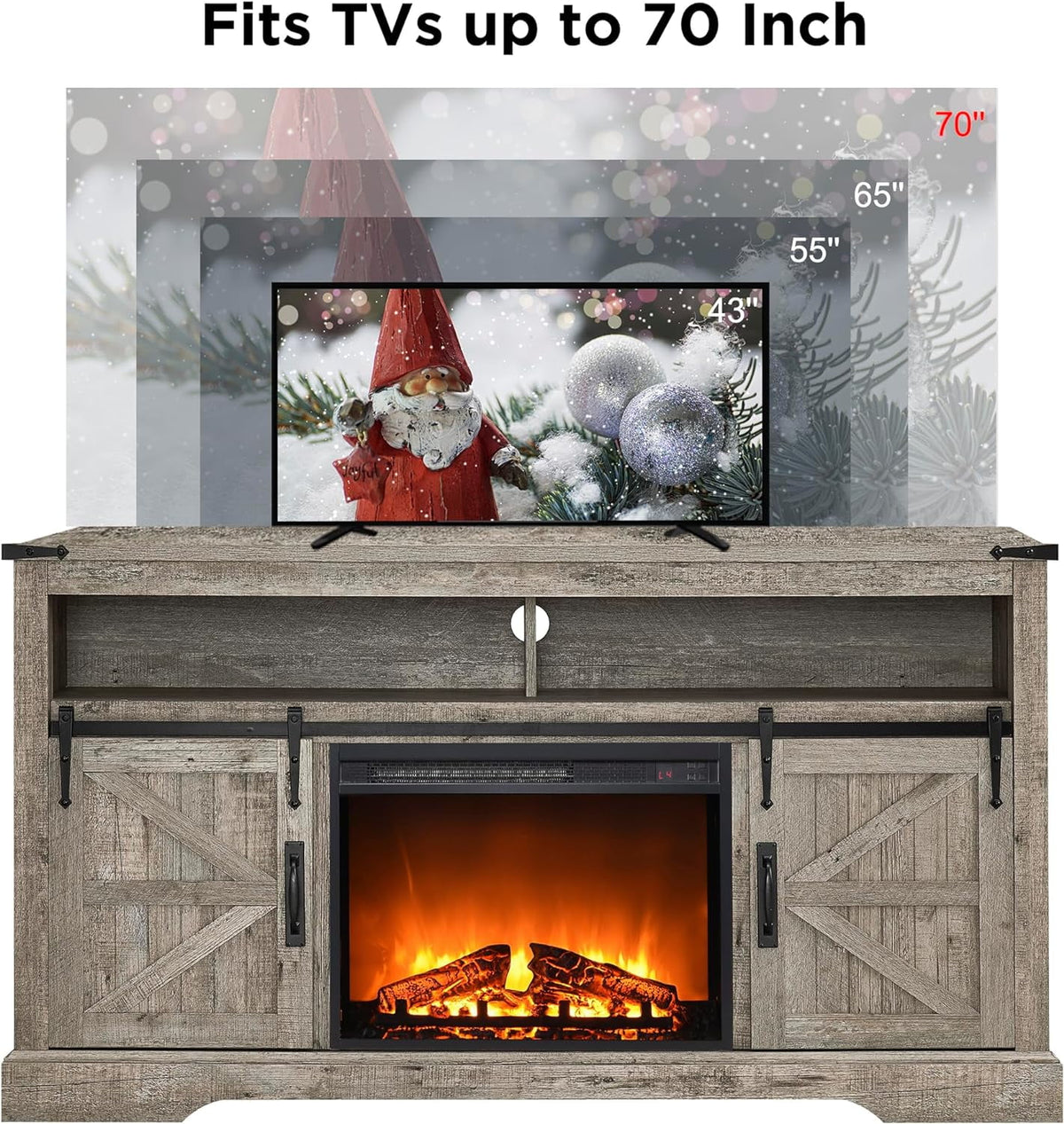 OKD Farmhouse Fireplace TV Stand up to 70", Entertainment Center with 23" Fireplace & Open Storage Shelves for Living Room, Antique White
