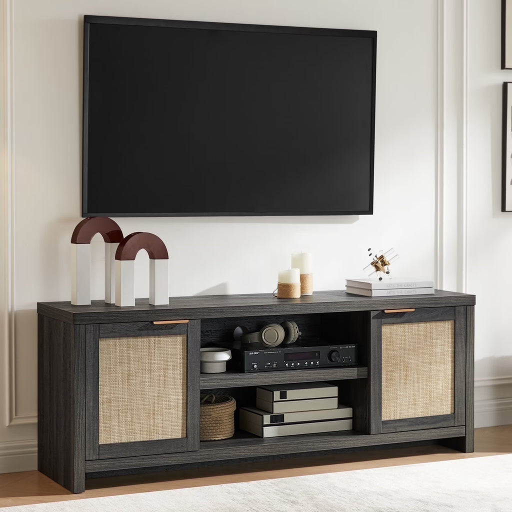 OAKHAM Rattan Tv Stands for 65 Inch Tv, Modern Farmhouse Entertainment Center, TV Console Table with Storage, Wood Media Console with Cabinet, Special Walnut