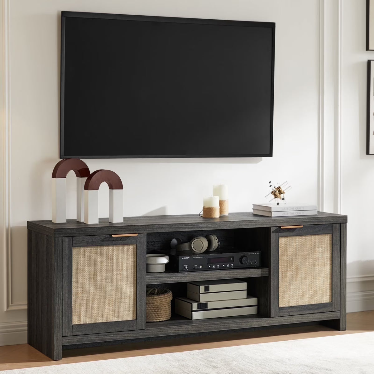 OAKHAM Rattan Tv Stands for 65 Inch Tv, Modern Farmhouse Entertainment Center, TV Console Table with Storage, Wood Media Console with Cabinet, Special Walnut