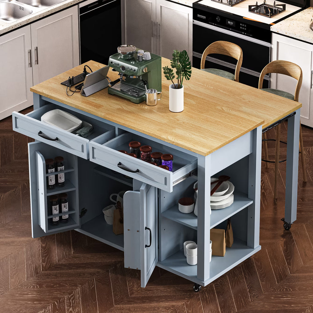 Kitchen Island with Extendable Table and Power Outlet, Wood Kitchen Rolling Cart with 2 Drawers & 2 Cabinets, Internal Storage Rack and Adjustable Shelf, Grey Blue