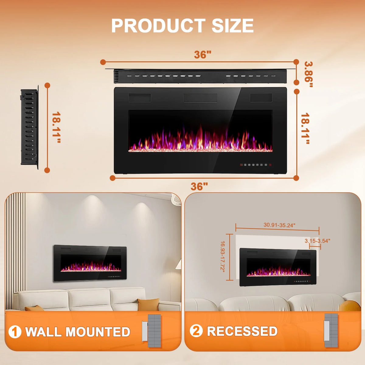 KISSAIR 60�� Indoor Electric Fireplace Ultra Thin Fireplace, Wall Mounted Recessed Fireplace with Multiple Colors