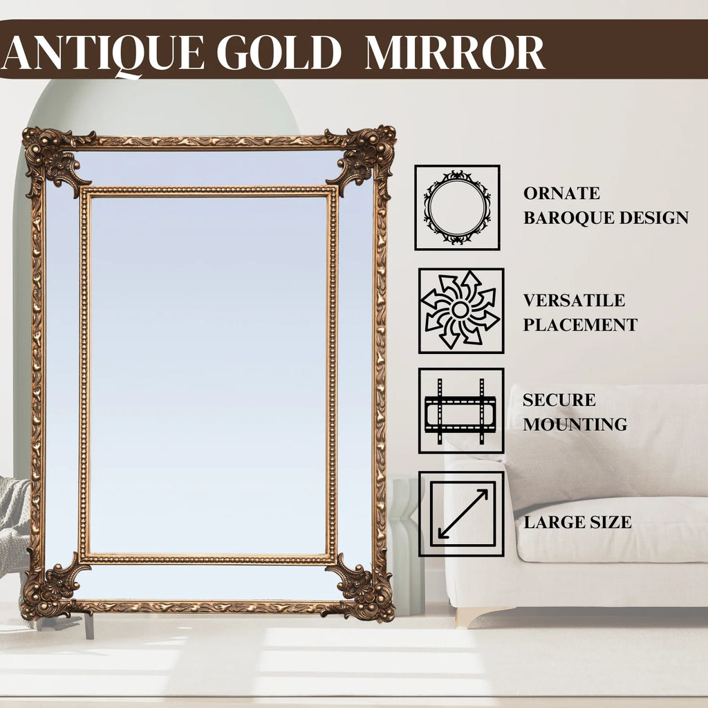 FFPEG Rectangular Baroque Style Antique Gold Mirror - Traditional Old-World Charm -Home Decor