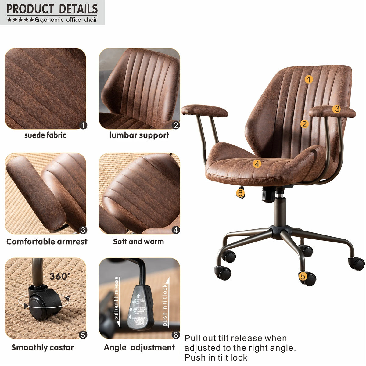 Ovios Ergonomic Office Chair Modern Computer Desk Suede Fabric Desk Chair with Lumbar Support for Home Office