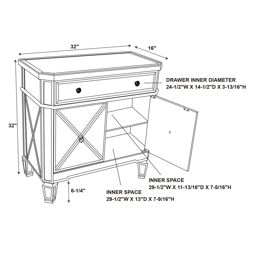Powell Deville 2-Door Single Drawer Indoor Console Table with Shelves, Mirrored Surfaces and Luxe Silver Wood