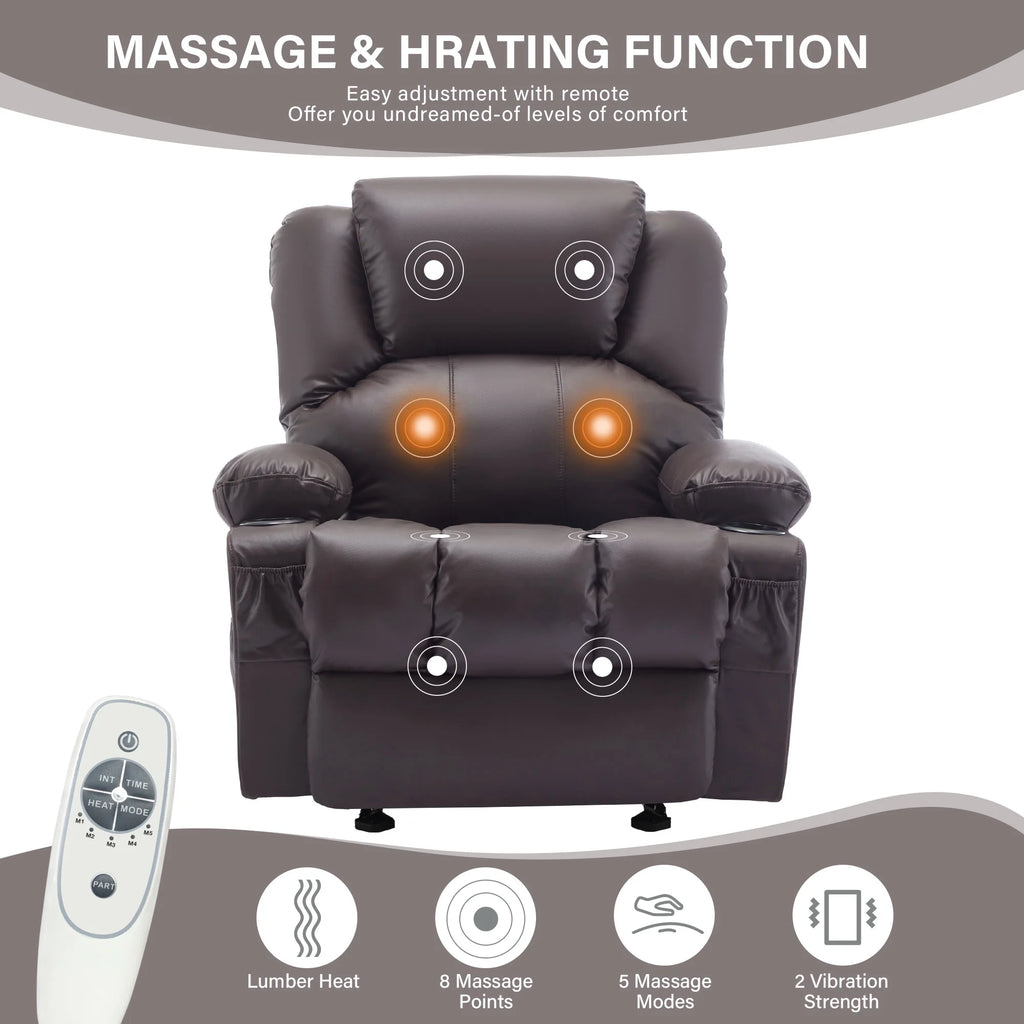 JONPONY Manual Recliner Chair with Heat Therapy and Massage Function, Heavy Duty Reclining Mechanism Massage Chair, Elderly Single Rocker Sofa with Cup Holders for Bedroom Home Theater,Black