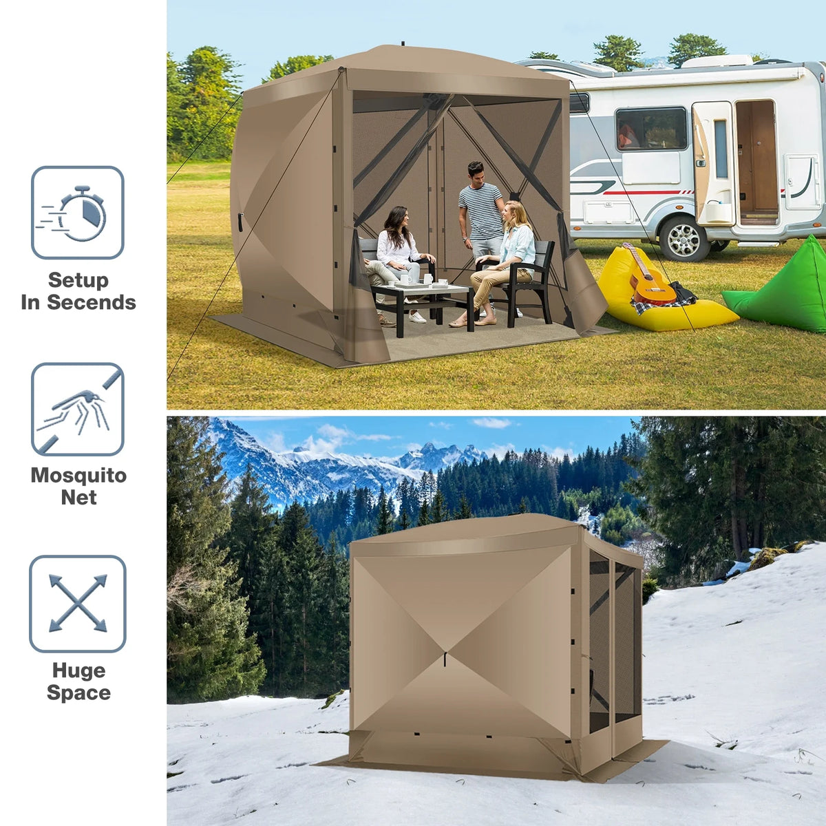 COBIZI 8x8 Pop up Gazebo Tent, Ez up Waterproof Screen Tent Screen House, Portable Outdoor Canopy Sun Shelter with 3 Sidewalls, Carry Bag & Ground Stakes for Camping, Garden and Picnics, Gray
