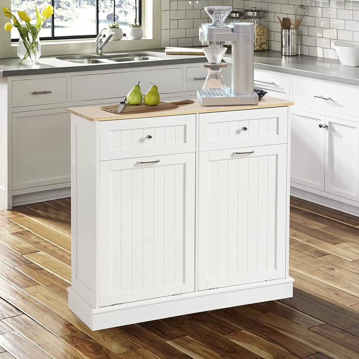 KIGOTY Dual Kitchen Trash Cabinet, Double Tilt Out Trash Can Cabinet with Countertop and Drawer, Free-Standing Pet Proof Recycling Cabinet Garbage Can Holder, Wood (White)