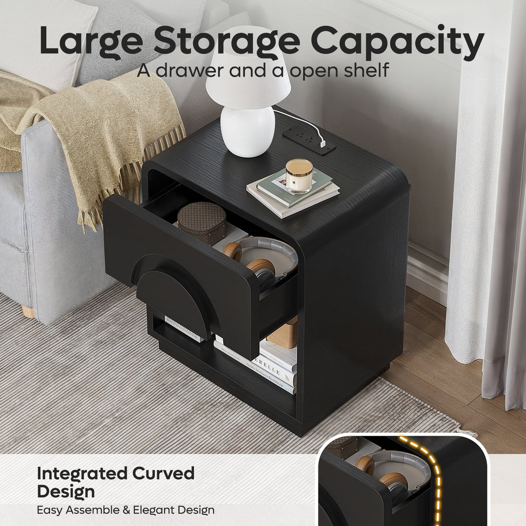 Bestier Nightstands Set of 2 with Charging Station, Modern Bedside Table End Table with Storage Drawer & Open Shelf for Bedroom Living Room Dorm Office, Natural