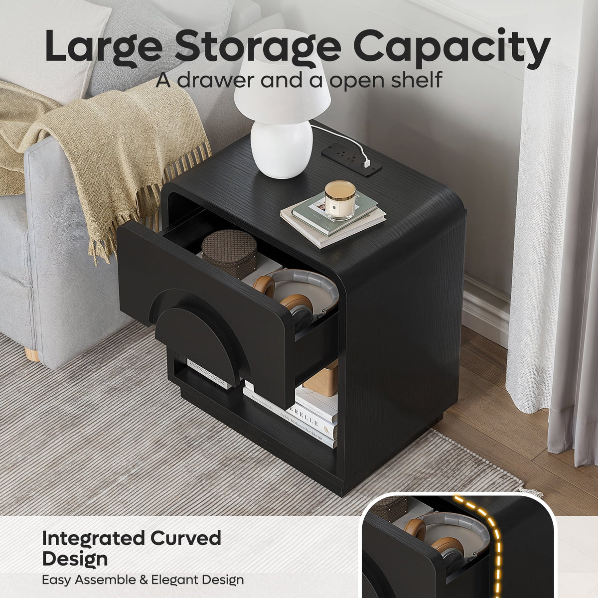 Bestier Nightstands Set of 2 with Charging Station, Modern Bedside Table End Table with Storage Drawer & Open Shelf for Bedroom Living Room Dorm Office, Natural