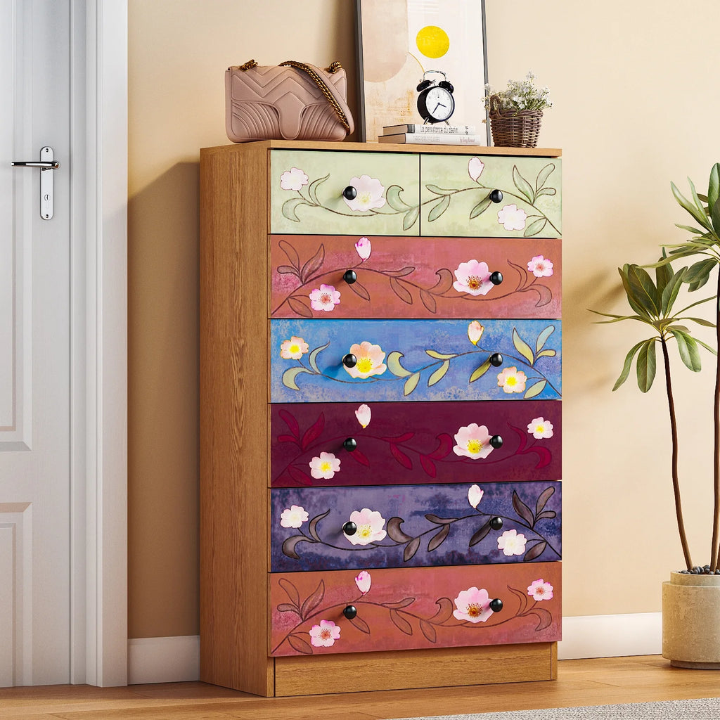 Ktaxon Wood 6-Drawer Dresser Organizer for Bedroom Storage Tower for Entryway Hallway Closet, Tall Chest Organizer Unit with Wood Bins, Floral Painted Wooden